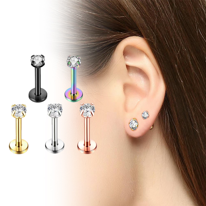 Body Jewelry Cartilage Earrings - ต่างหูไทเทเนียม 16G แบบเกลียวในตัว ประดับเพชรทรงลูกบาศก์ สำหรับเจาะหู ลาเบรต