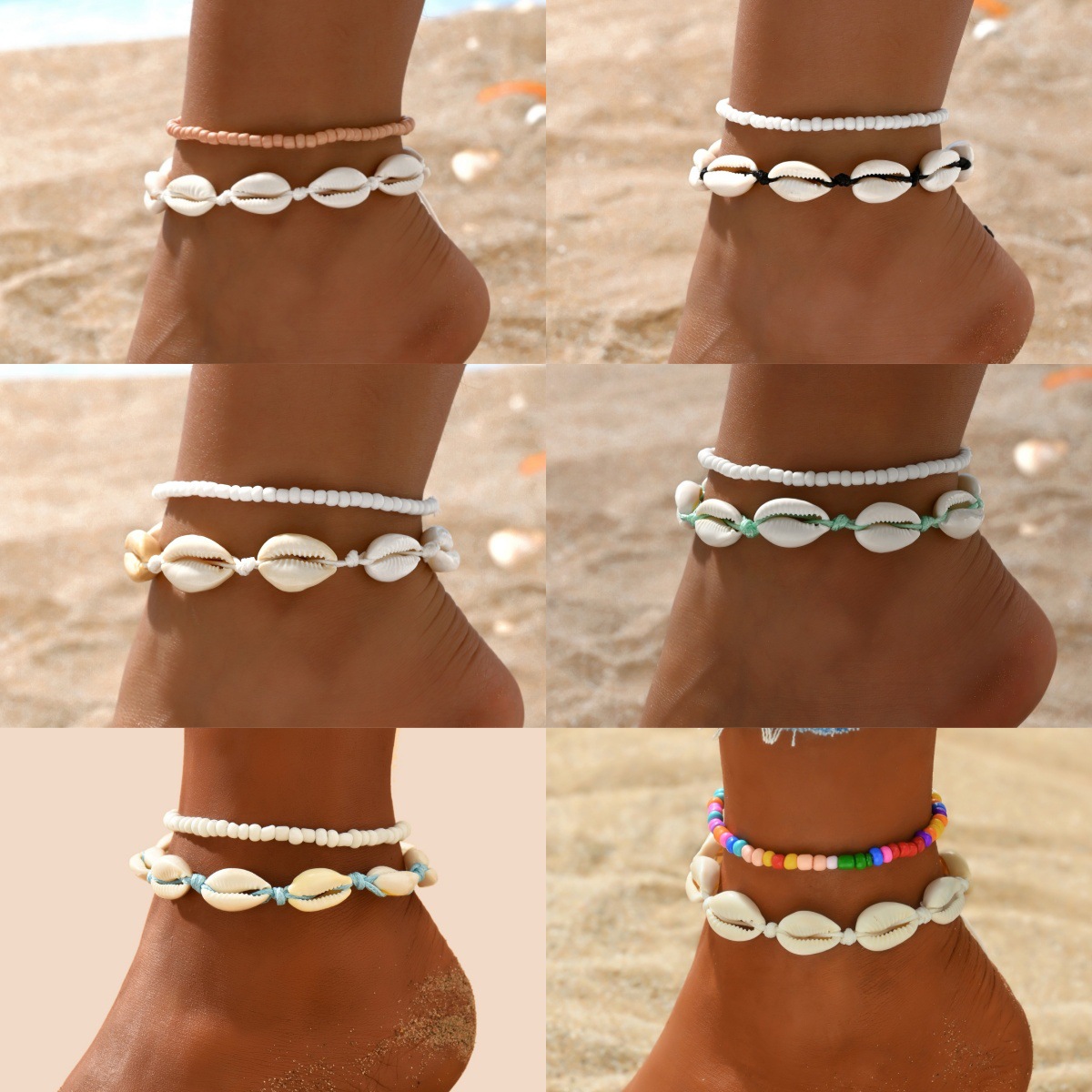 Body Jewelry Leg Chain - 2PCS โบฮีเมียเปลือก Anklets สําหรับผู้หญิงขนาดเล็กเรซิ่นลูกปัดฤดูร้อน Beach Shell