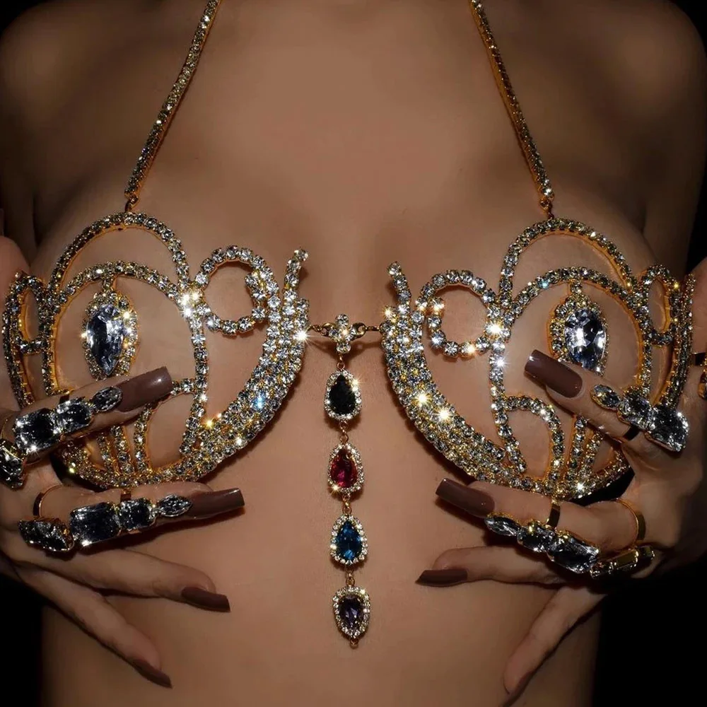 Body Jewelry Bra - บิกินี่สุดหรูประดับพลอยเทียมชุดชั้นในสายรัดทรงหยดน้ำเรขาคณิตสำหรับแฟชั่นสำหรับผู้หญิงคริสตัลเครื่องประดับพยุงตัว