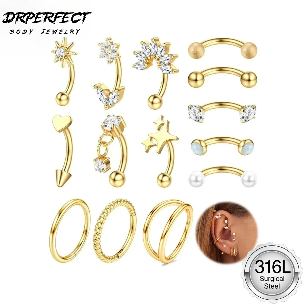 Rook Curved Barbell - เครื่องประดับเจาะคิ้ว Drperfect 1 ชิ้น ขนาด 16G