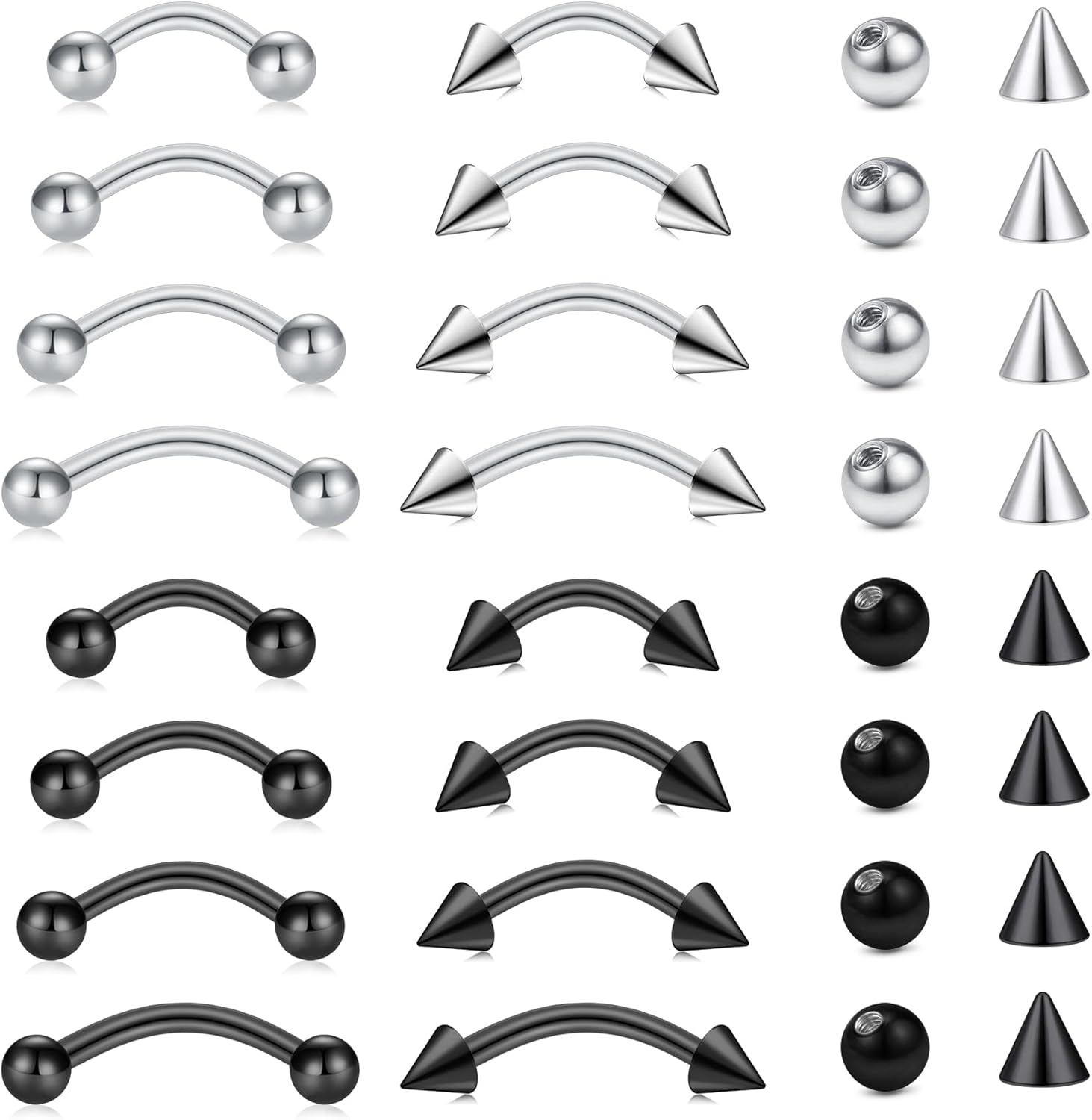 Rook Curved Barbell - ชุดเครื่องประดับเจาะ 32 ชิ้น/ชุด ทำจากเหล็กกล้าผ่าตัด รูปทรงโค้ง สำหรับเจาะคิ้ว