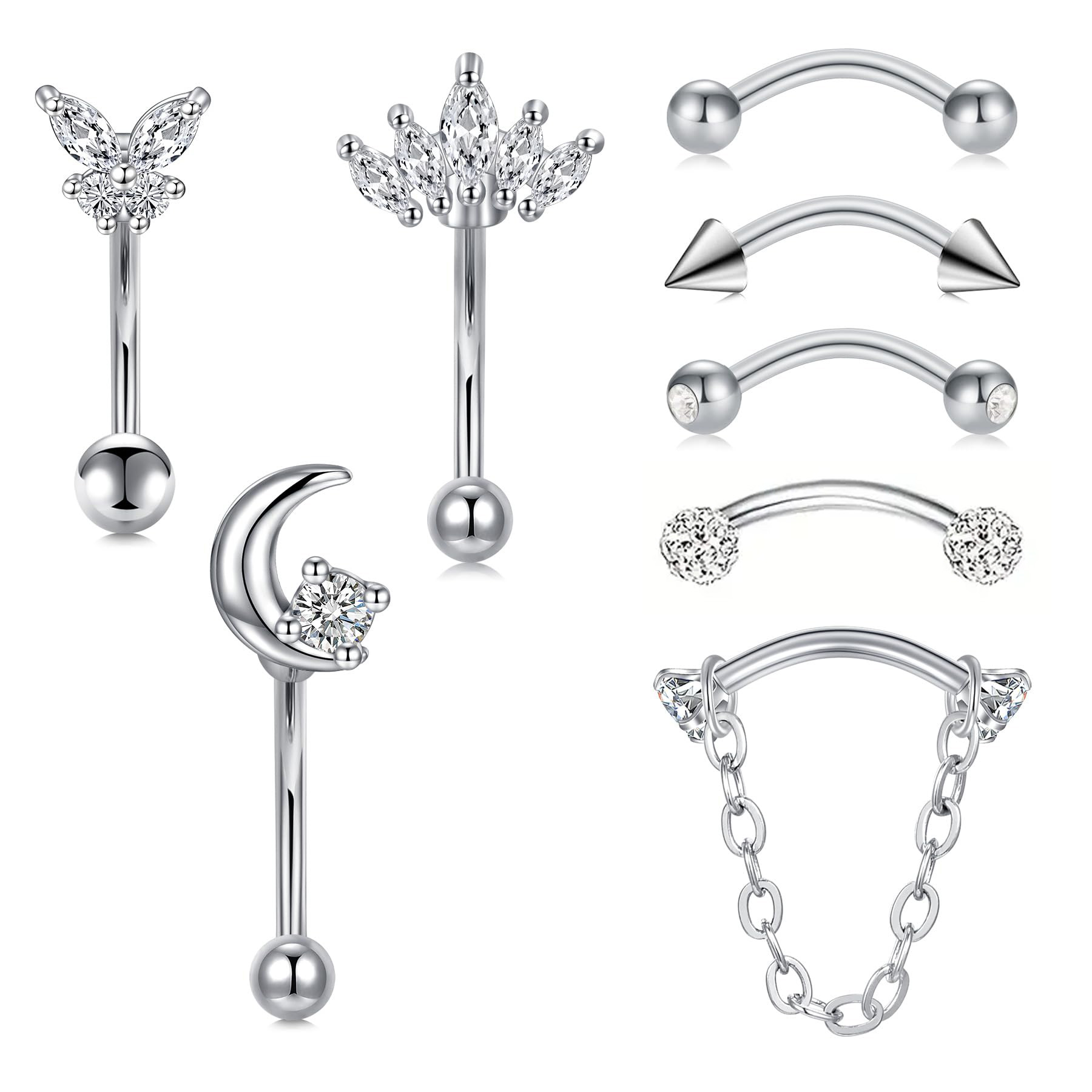 Rook Curved Barbell - 8PCS / ชุด 16G แหวนคิ้วสำหรับต่างหูหอคผู้หญิง Tragus