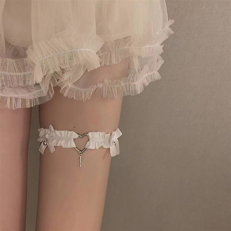 Body Jewelry Leg Chain - เครื่องประดับขาแบบพังก์สำหรับผู้หญิง สายรัดต้นขาประดับลูกไม้ สายคล้องคอ สร้อยคอประดับกระดูกไหปลาร้า สายโซ่ประดับขา รูปหัวใจ