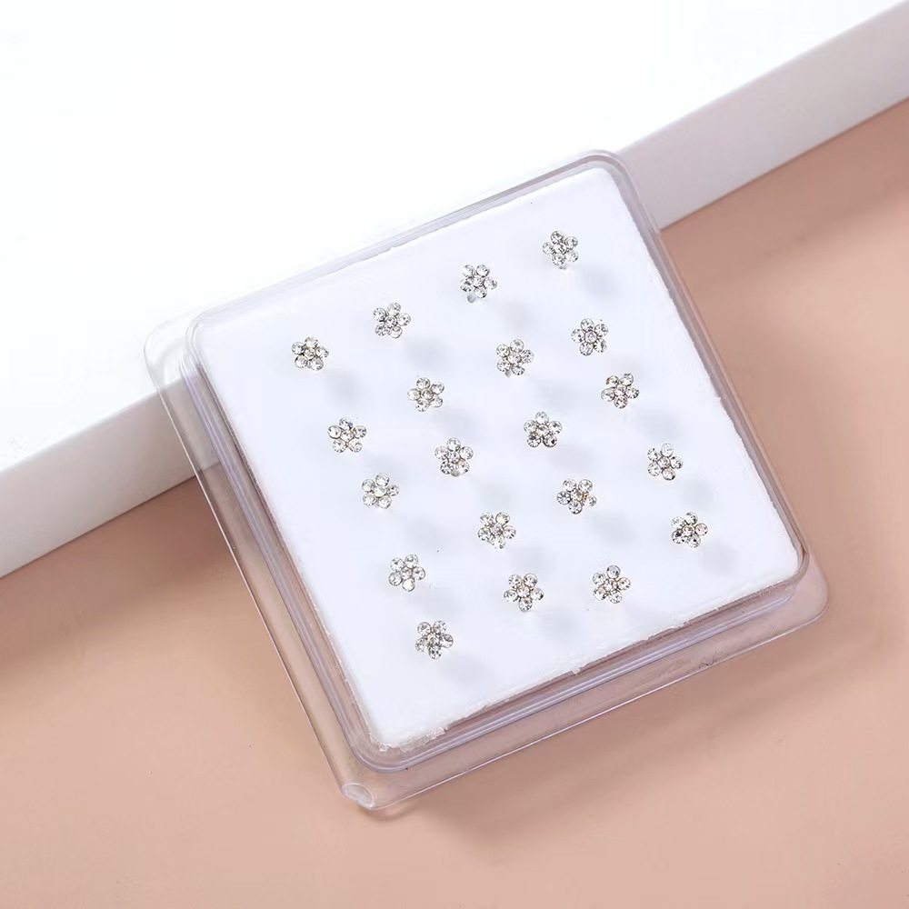 Body Jewelry Storage - 20 ชิ้น/กล่อง Body เครื่องประดับเจาะจมูกแหวนจมูกเข็มเงินสําหรับผู้หญิงคริสตัลดอกไม้จมูกเครื่องประดับขายส่ง