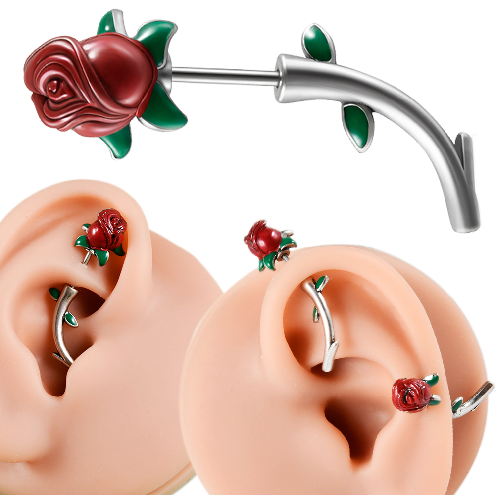 Rook Curved Barbell - 1ชิ้นห่วงเจาะสะดือดอกไม้ดอกกุหลาบสีแดงสำหรับผ่าตัดจิวเวอรี่บาร์เบลล์ตรงต่างหูเจาะเครื่องประดับร่างกาย