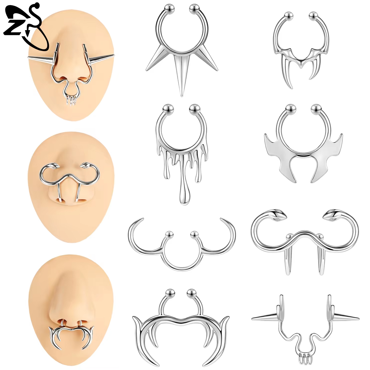 Zs Body Jewelry - ZS แหวนติดผนังปลอมสไตล์พังก์สำหรับผู้ชายผู้หญิง1ชิ้นจิวเวอรี่จิ้งจมูกแบบไม่เรียบ