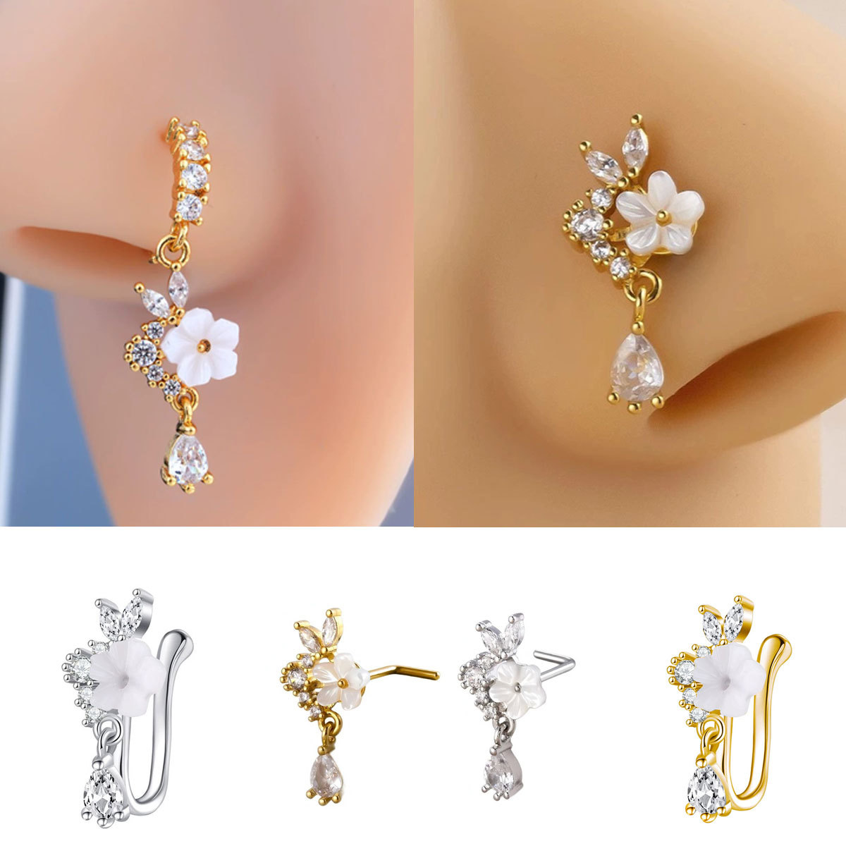 แหวนจมูกดอกไม้สีทองประดับคริสต - Body Jewelry Surgical Steel บทวิจารณ์และราคา