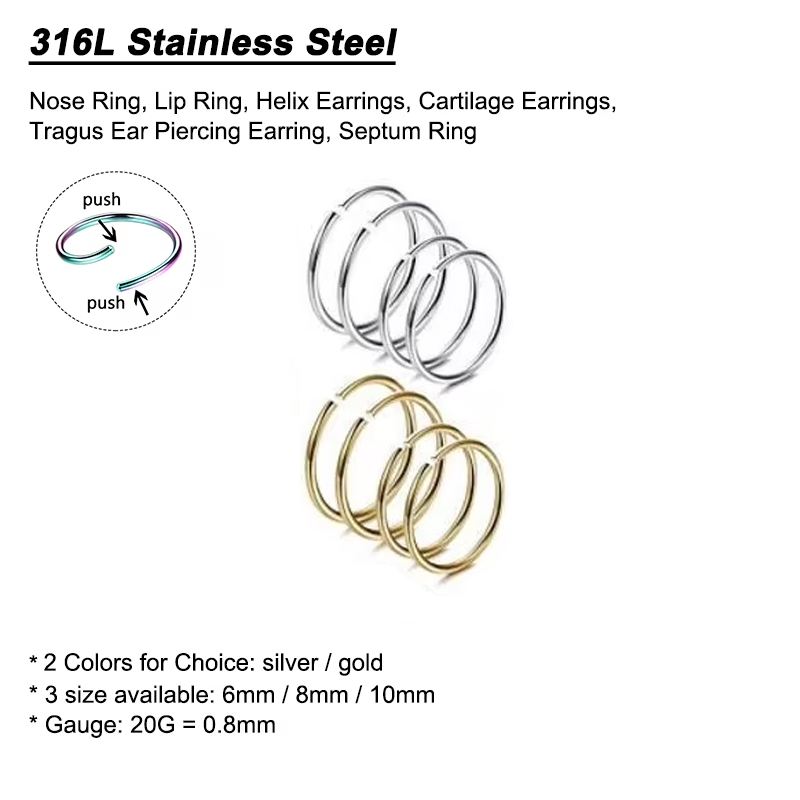 6 ชิ้น/ล็อต แหวนจมูกแบบไม่ก่อใ - Body Jewelry Surgical Steel บทวิจารณ์และราคา